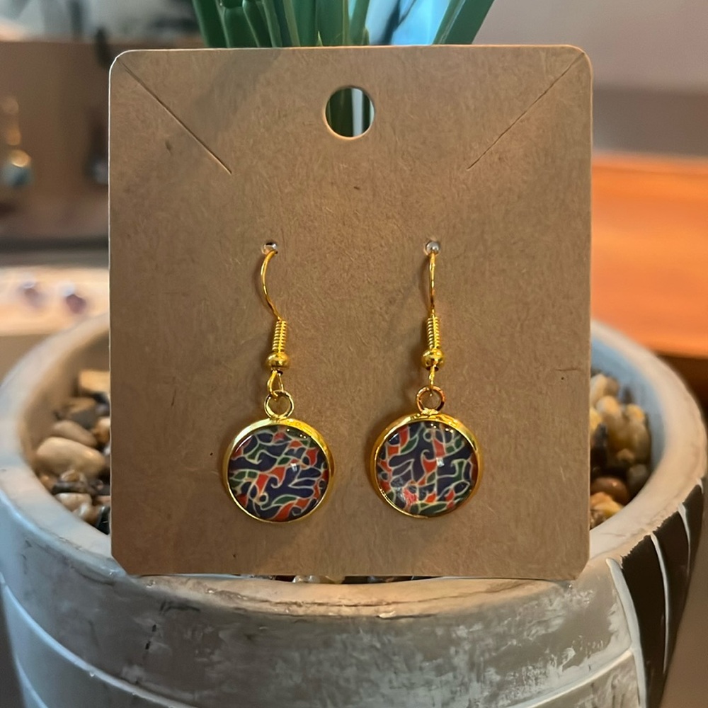 Hand Crafted Red, Green, Blue, White Abstract Design Drop Earrings